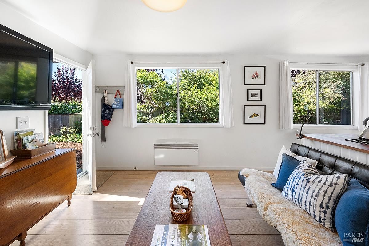 Living room with leather sofa and pillows, windows overlooking garden